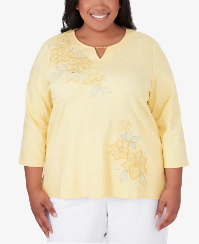 Alfred Dunner Plus Size Charleston Three Quarter Sleeve Top With Embroidered Floral Details In Yellow