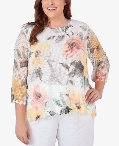 Alfred Dunner Plus Size Charleston Watercolor Floral Mesh Top In Multi