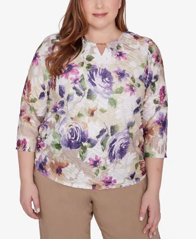 Alfred Dunner Plus Size Charm School Embellished Keyhole Floral Textured Top In Multi