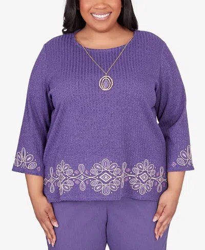 Alfred Dunner Plus Size Charm School Embroidered Medallion Top With Necklace In Iris