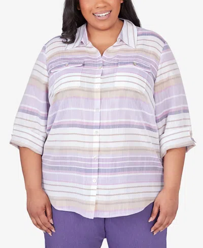 Alfred Dunner Plus Size Charm School Horizontal Stripe Button Down Top In Iris