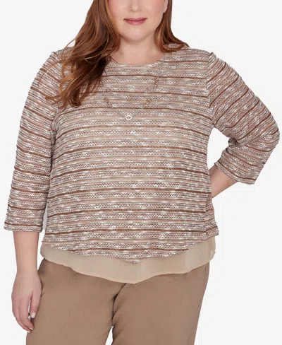 Alfred Dunner Plus Size Charm School Space Dye Textured Top With Necklace In Toast