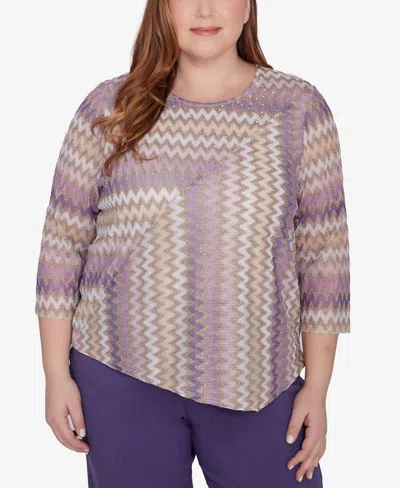 Alfred Dunner Plus Size Charm School Sparkling Zig Zag Stripe Top In Purple