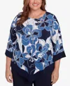 Alfred Dunner Plus Size Classic Abstract Bold Floral Patchwork Top With Necklace In Navy