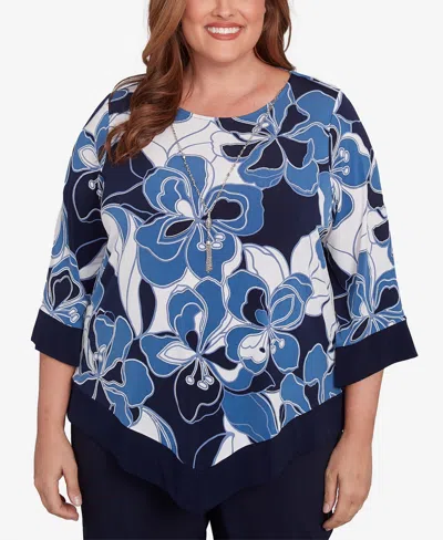 Alfred Dunner Plus Size Classic Abstract Bold Floral Patchwork Top With Necklace In Navy