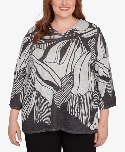 Alfred Dunner Plus Size Classic Abstract Floral Stripe V-neck Top In Black