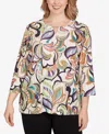 Alfred Dunner Plus Size Classic Abstract Scroll Split Neck Top In Neutral
