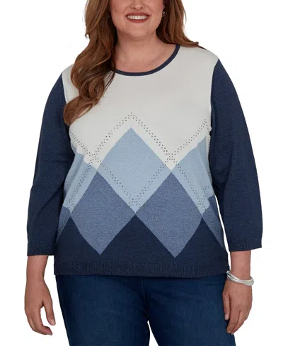 Alfred Dunner Plus Size Classic Argyle Beaded Sweater In Blue