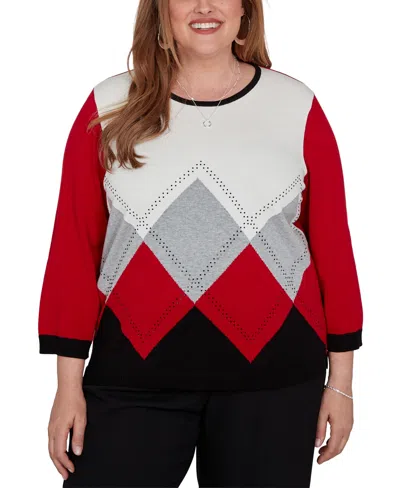 Alfred Dunner Plus Size Classic Argyle Beaded Sweater In Red