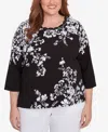 Alfred Dunner Plus Size Classic Asymmetric Floral Monotone Crew Neck Top In Black,white