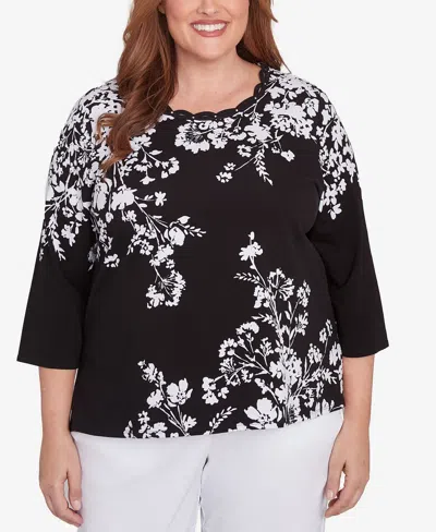 Alfred Dunner Plus Size Classic Asymmetric Floral Monotone Crew Neck Top In Black,white