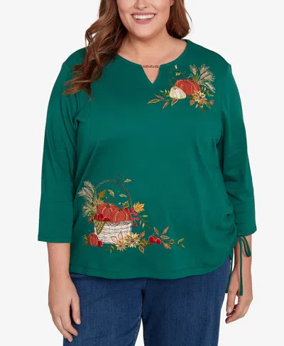 Alfred Dunner Plus Size Classic Asymmetric Pumpkin Split Beaded Keyhole Neck Top In Green