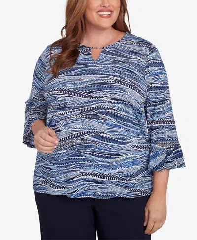 Alfred Dunner Plus Size Classic Beaded Split Neck Feathers Top In Navy