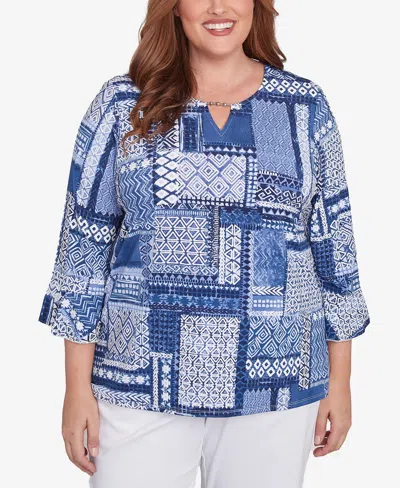 Alfred Dunner Plus Size Classic Beaded Split Neck Patchwork Top In Denim