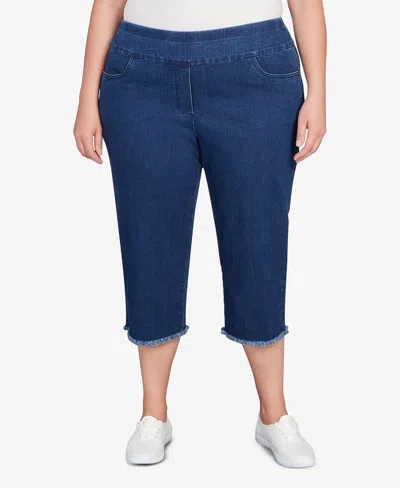 Alfred Dunner Plus Size Classic Black Denim Fringe Capri Pants In Dark Denim