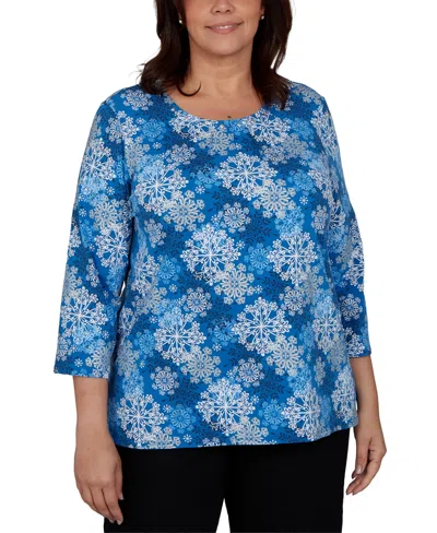 Alfred Dunner Plus Size Classic Blue Snowflake Print Knit Top