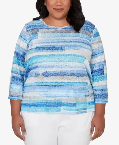 Alfred Dunner Plus Size Classic Brushstroke Biadere Embellished Neck Top In Blue