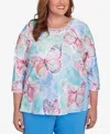 Alfred Dunner Plus Size Classic Floral Spray Crew Neck Top In Multi Pink