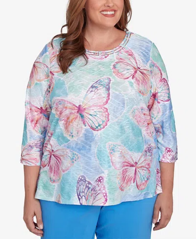 Alfred Dunner Plus Size Classic Butterfly Crew Neck Top In Multi