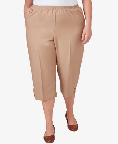 Alfred Dunner Plus Size Classic Button Hem Gathered Waistband Capri Pants In Brown