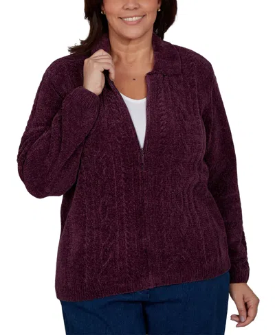 Alfred Dunner Plus Size Classic Cable Chenille-zip Cardigan Sweater In Burgundy