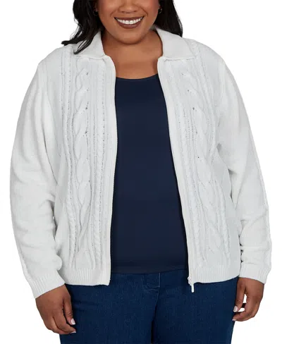 Alfred Dunner Plus Size Classic Cable Chenille-zip Cardigan Sweater In White