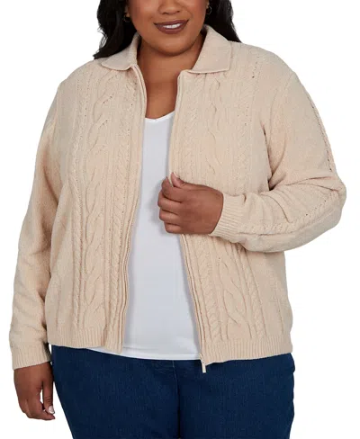 Alfred Dunner Plus Size Classic Cable Chenille-zip Cardigan Sweater In Neutral