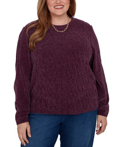 Alfred Dunner Plus Size Classic Cable Pullover Chenille Sweater In Purple