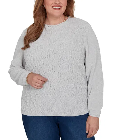 Alfred Dunner Plus Size Classic Cable Pullover Chenille Sweater In Gray