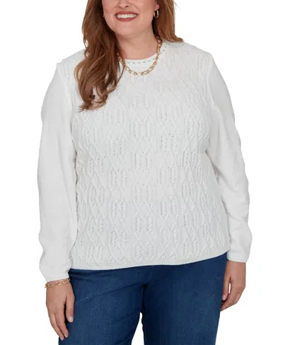Alfred Dunner Plus Size Classic Cable Pullover Chenille Sweater In White