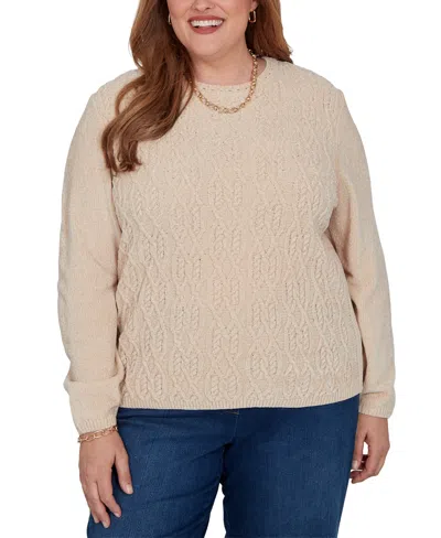Alfred Dunner Plus Size Classic Cable Pullover Chenille Sweater In Neutral