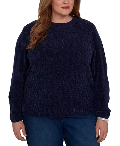 Alfred Dunner Plus Size Classic Cable Pullover Chenille Sweater In Blue
