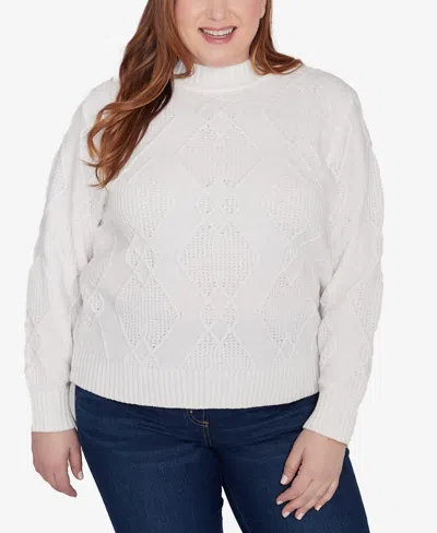 Alfred Dunner Plus Size Classic Chenille Diamond Turtleneck Sweater In Ivory