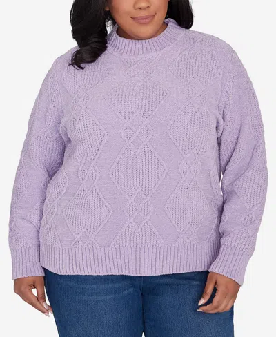 Alfred Dunner Plus Size Classic Chenille Diamond Turtleneck Sweater In Lilac