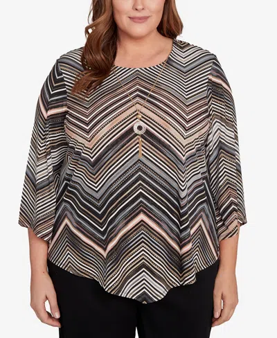 Alfred Dunner Plus Size Classic Chevron Stripe Crew Neck Top In Brown