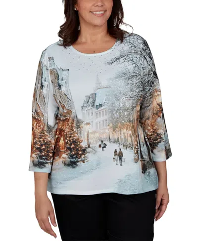 Alfred Dunner Plus Size Classic Christmas In The City Knit Top In White