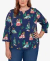 Alfred Dunner Plus Size Classic Christmas Tree Print Beaded Keyhole Neck Top In Blue