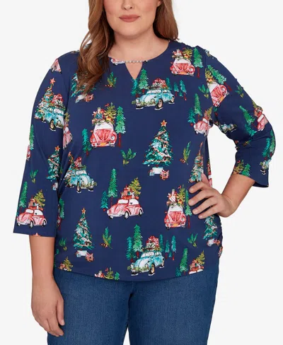 Alfred Dunner Plus Size Classic Christmas Tree Print Beaded Keyhole Neck Top In Blue