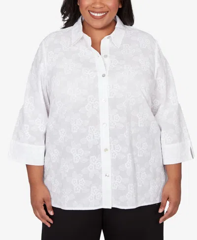 Alfred Dunner Plus Size Classic Collared Flower Embroidered Top In White