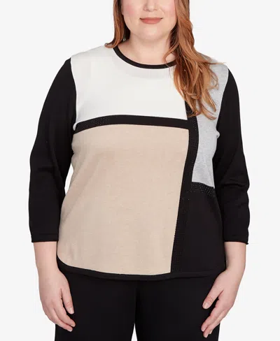 Alfred Dunner Plus Size Classic Colorblock Long Sleeve Sweater In Black