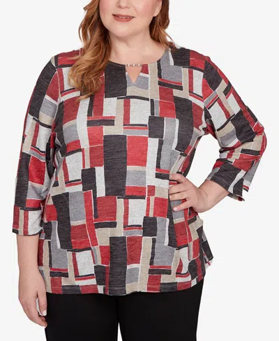 Alfred Dunner Plus Size Classic Colorblock Split Beaded Neck Top In Multi
