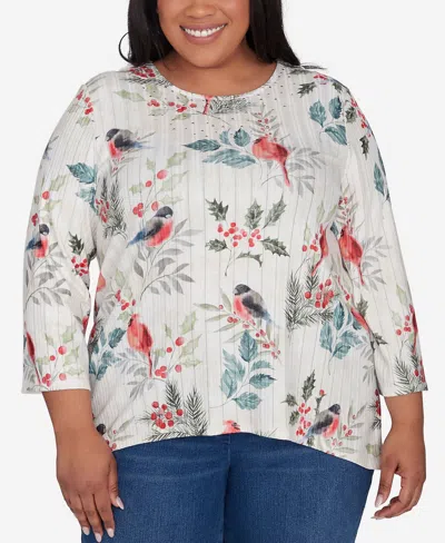 Alfred Dunner Plus Size Classic Crew Neck Birds Holly Leaf Top In Oatmeal