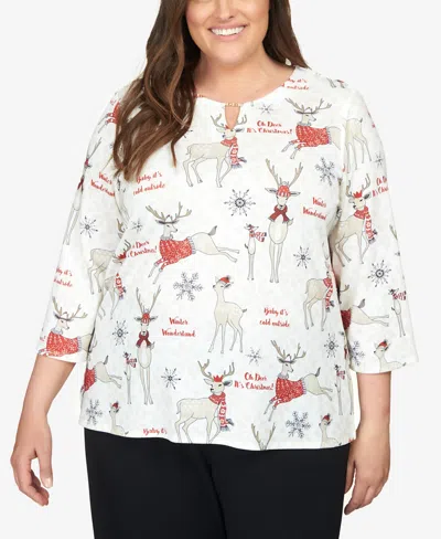 Alfred Dunner Plus Size Classic Deer Split Neck Top In Neutral Multi