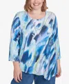 Alfred Dunner Plus Size Classic Diagonal Brushstroke Top With Necklace In Navy Multi
