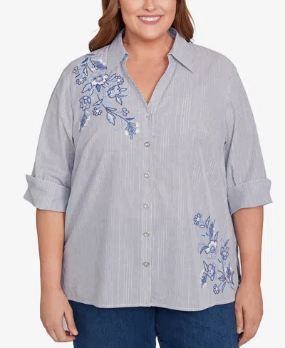 Alfred Dunner Plus Size Classic Diagonal Floral Metallic Stripe Button Front Top In Blue