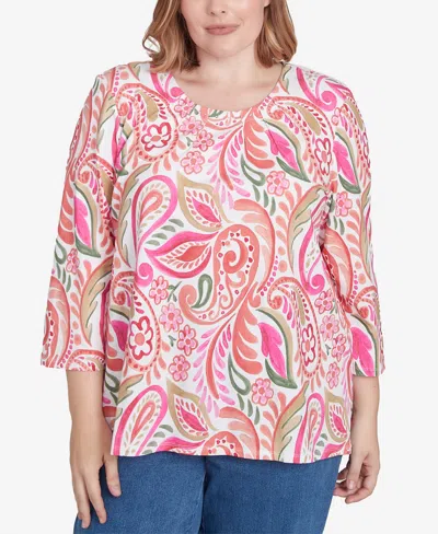 Alfred Dunner Plus Size Classic Embellished Crew Neck Paisley Top In Coral