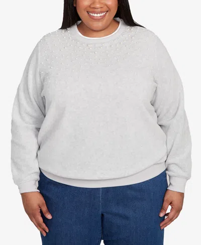 Alfred Dunner Plus Size Classic Embellished Neckline Anti-pill Sweater In Gray