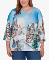 Alfred Dunner Plus Size Classic Embellished Snow Cabin Village Scene Crew Neck Top In Blue