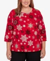 Alfred Dunner Plus Size Classic Embellished Snowflake Pleated Neck Top In Red