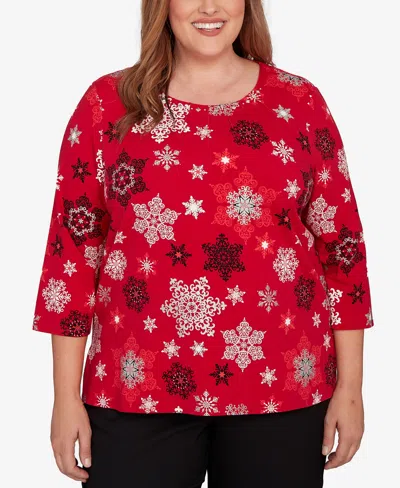 Alfred Dunner Plus Size Classic Embellished Snowflake Pleated Neck Top In Red